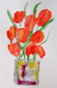 Red Tulips in a glass, Watercolour, 10"x 8"