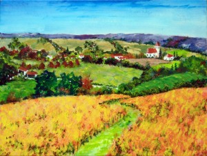 Armagnac Autumn. A Gascony landscape with vines and lavender. 13" x 10" Acrylic on card